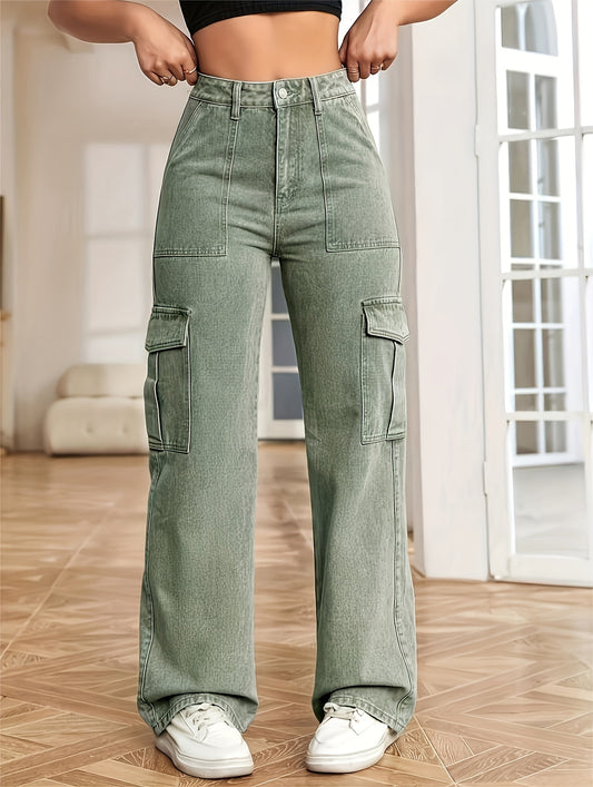 Washed Flap Pockets Cargo Pants, Loose Fit Y2K & Kpop Style Straight Jeans, Women's Denim Jeans & Clothing