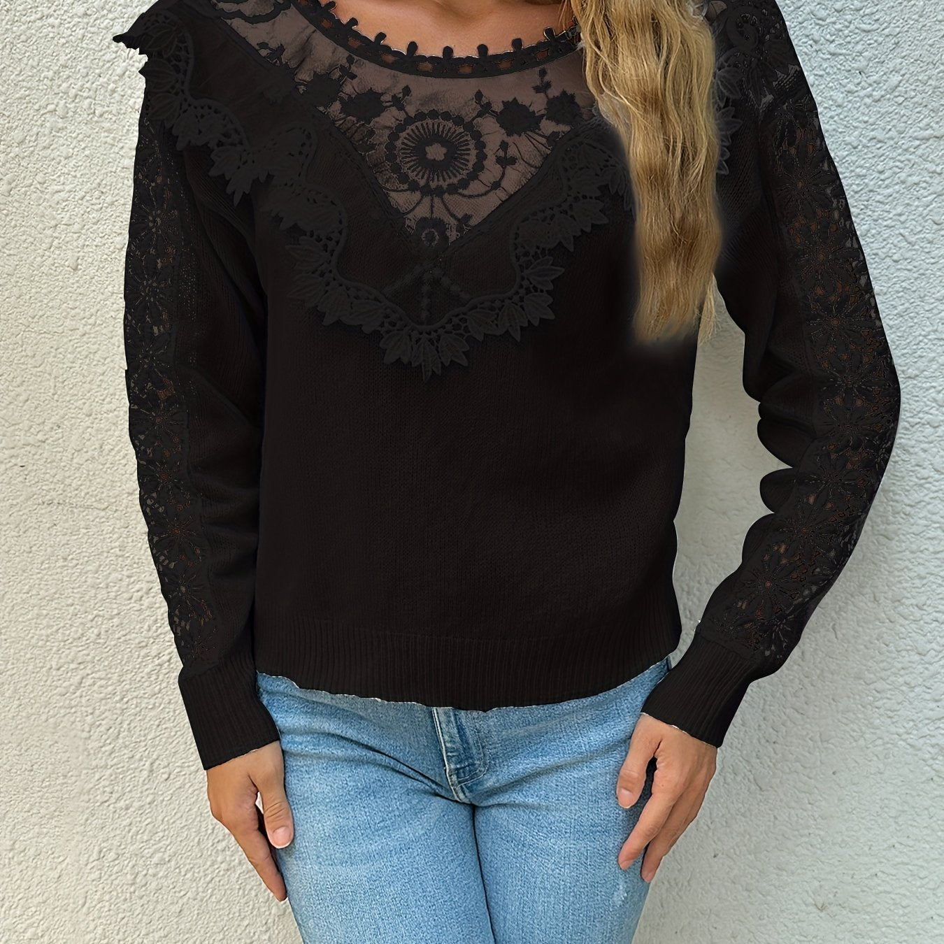 Solid Lace Stitching Knit Top, Elegant Crew Neck Sweater For Spring & Fall, Women's Clothing