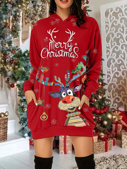 dunnmall  Christmas Print Casual Hoodie Dress Long Sleeve Hooded Dress