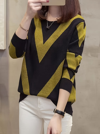 Striped Crew Neck Pullover Sweater, Casual Long Sleeve Sweater, Women's Clothing