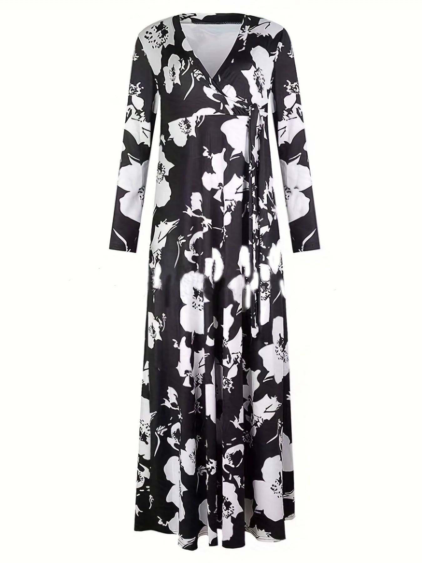 dunnmall  Floral Print Surplice Neck Dress, Casual High Waist Pleated Maxi Dress, Women's Clothing