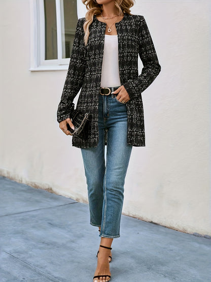 dunnmall  Plaid Pattern Open Front Jacket, Versatile Long Sleeve Outwear For Fall & Winter, Women's Clothing