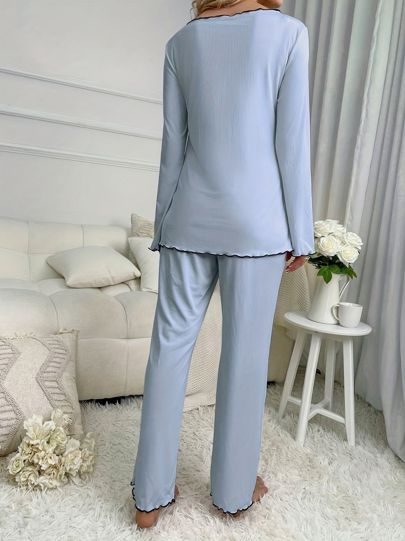 dunnmall  Lettuce Trim Lounge Set, Long Sleeve Side Split Top & Elastic Waistband Pants, Women's Loungewear & Sleepwear