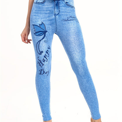 dunnmall  Denim Print High Waist Jeggings, Slim Stretchy Casual Leggings, Women's Clothing