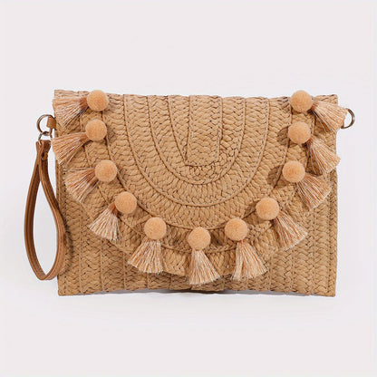 Stylish Rattan Envelope Clutch Bag - Buckle Closure, Polyester Lining, Plastic Material, Perfect for Summer Beach Travel and Vacation - Womens Wrist Bag for Everyday Use