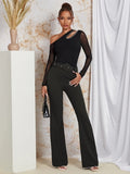 dunnmall  Solid Color Flare Leg Pants, Elegant Belt Skinny High Waist Pants For Spring & Summer, Women's Clothing