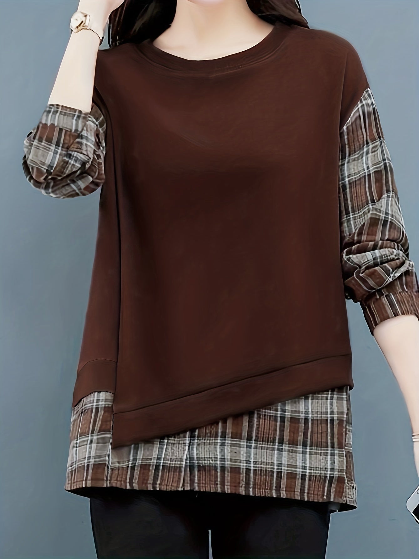 Long Sleeve Plaid Pullover, Crew Neck Casual Top For Spring & Fall, Women's Clothing