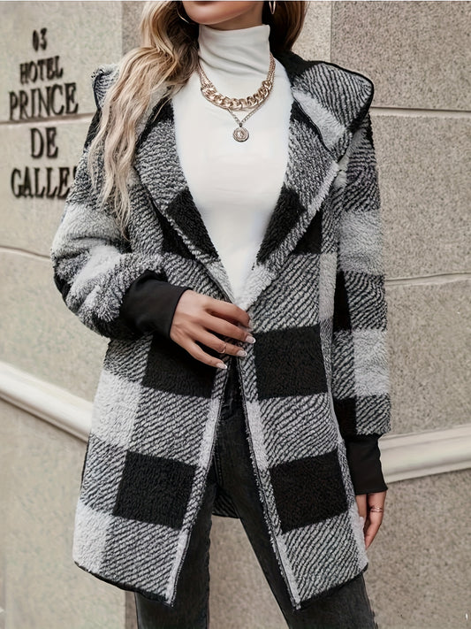 Plaid Print Open Front Fuzzy Coat, Casual Long Sleeve Hooded Coat For Fall & Winter, Women's Clothing