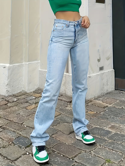 dunnmall  Blue High Waist Straight Jeans, High Rise Slash Pockets Loose Fit Denim Pants, Women's Denim Jeans & Clothing