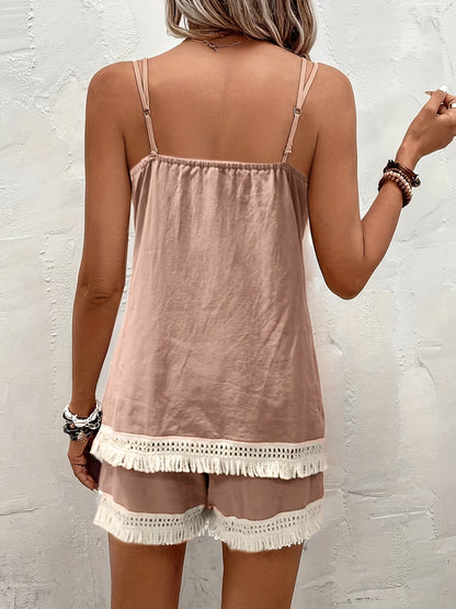 dunnmall  Boho Tassel Trim Summer Two Pieces, Sleeveless Cami Top & Loose Shorts Outfits, Women's Clothing