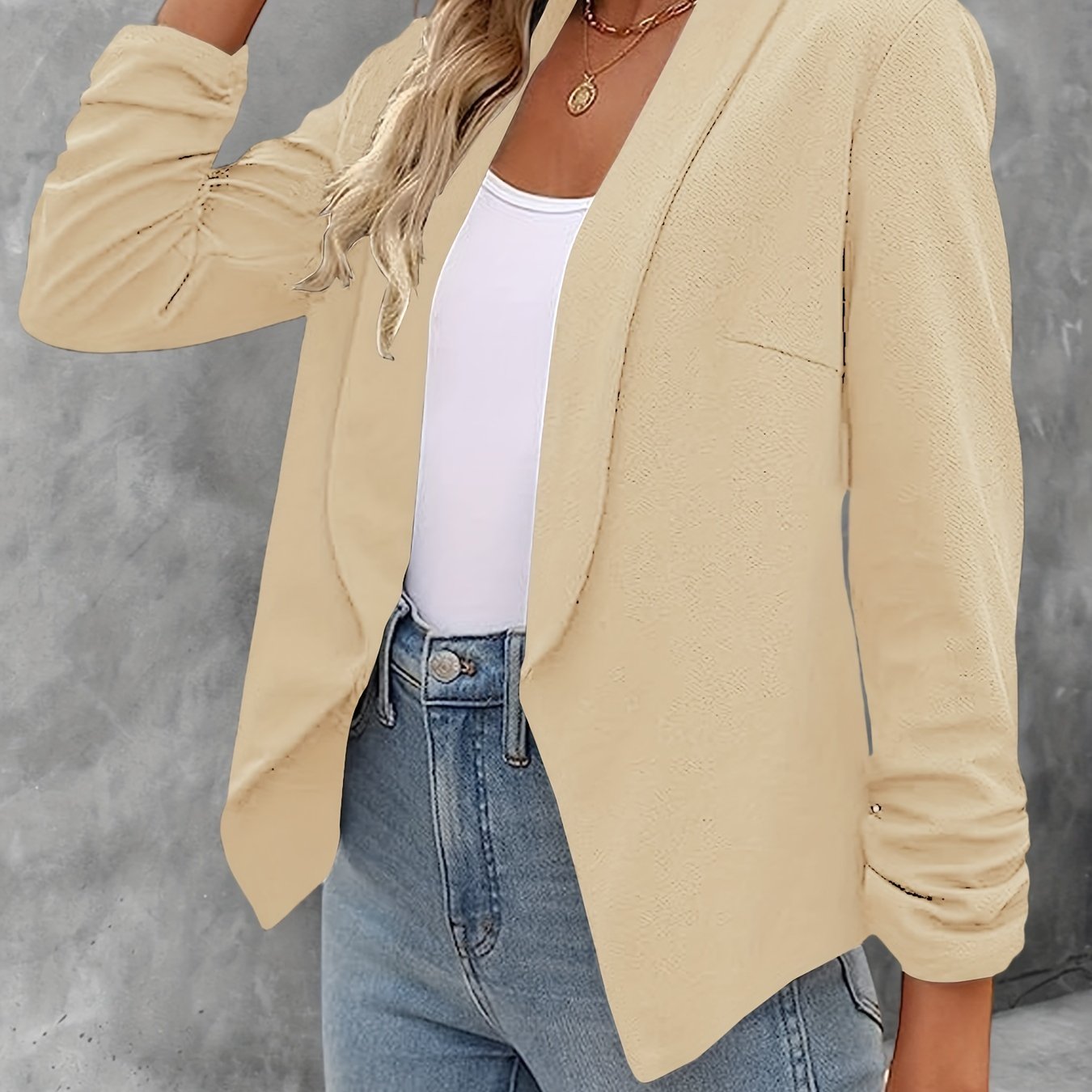 Solid Color Open Front Blazer, Elegant Lapel Ruched Sleeve Blazer For Office & Work, Women's Clothing