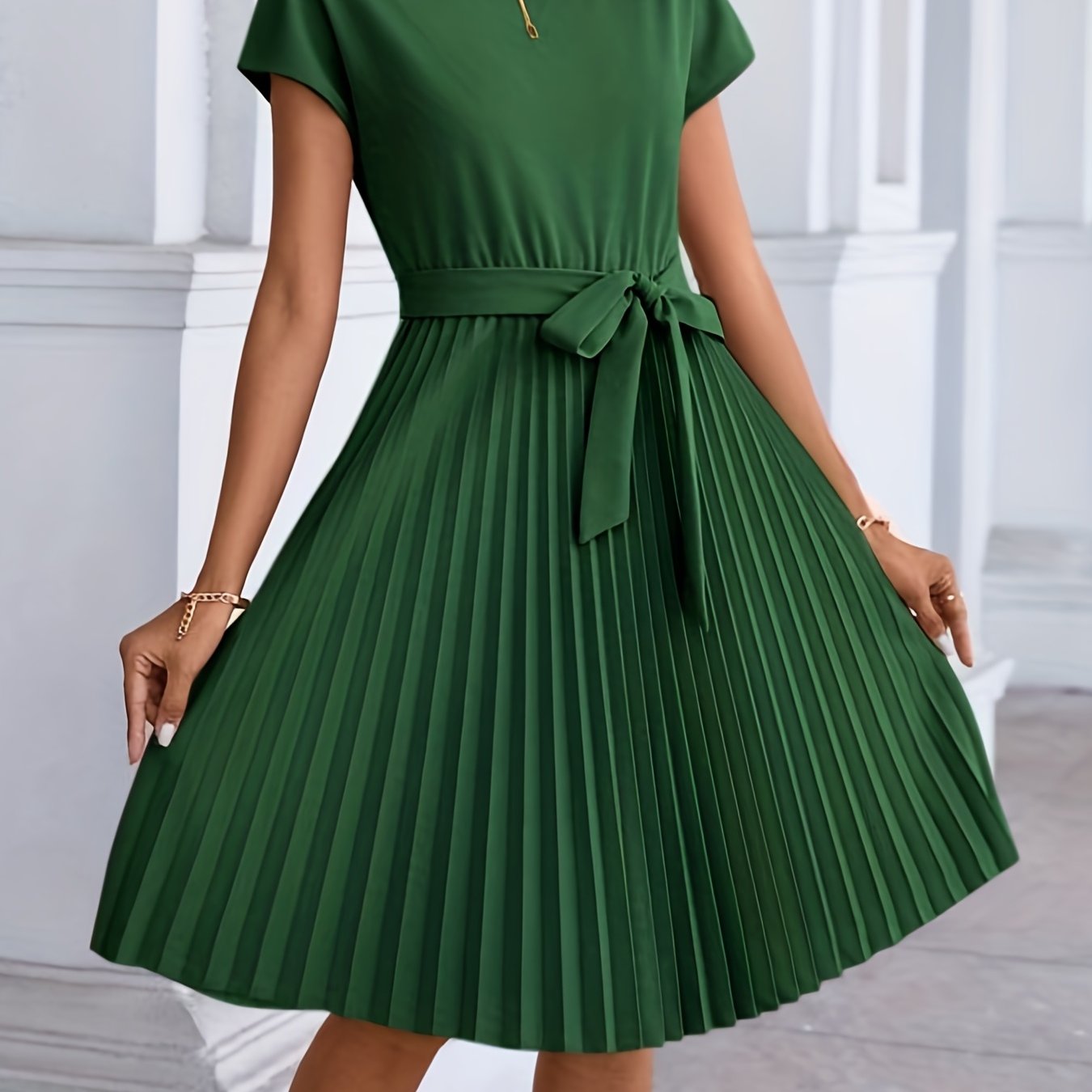 dunnmall  Pleated Tie Front Dress, Casual Solid Short Sleeve Dress For Spring & Summer, Women's Clothing