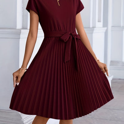 dunnmall  Pleated Tie Front Dress, Casual Solid Short Sleeve Dress For Spring & Summer, Women's Clothing