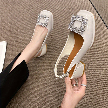 Chic Retro Rhinestone Chunky Heel Sandals - Fashion-Forward Buckle Strap Slingback Shoes for Women - Comfortable & Adjustable, Timeless Style