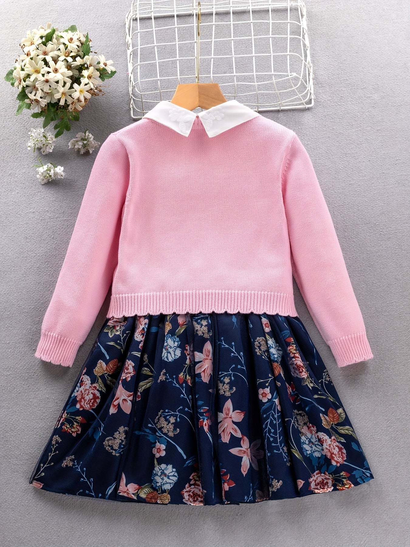 2PCS, 57% cotton Girl's Princess-Style Doll Collar Dress + Long-Sleeve Knit Cardigan - Comfy Fit And Fashion Design - Spring & Fall Clothes, Gift