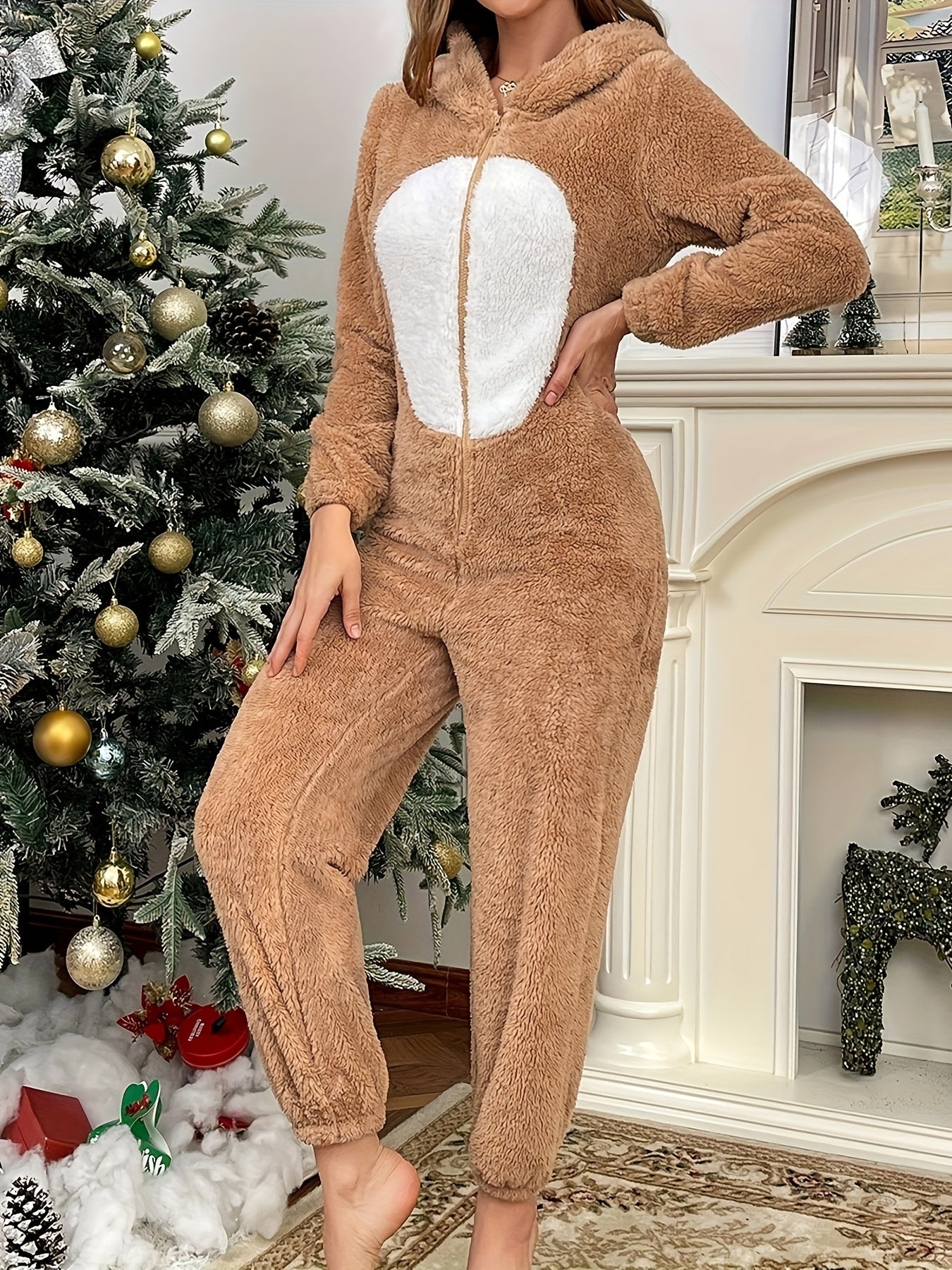 Women's Christmas Reindeer Onesie Pajamas, Flannel Plush Warm Sleepwear with Hood, Elegant Animal Print, All-Season, Adult Size, Knit Fabric