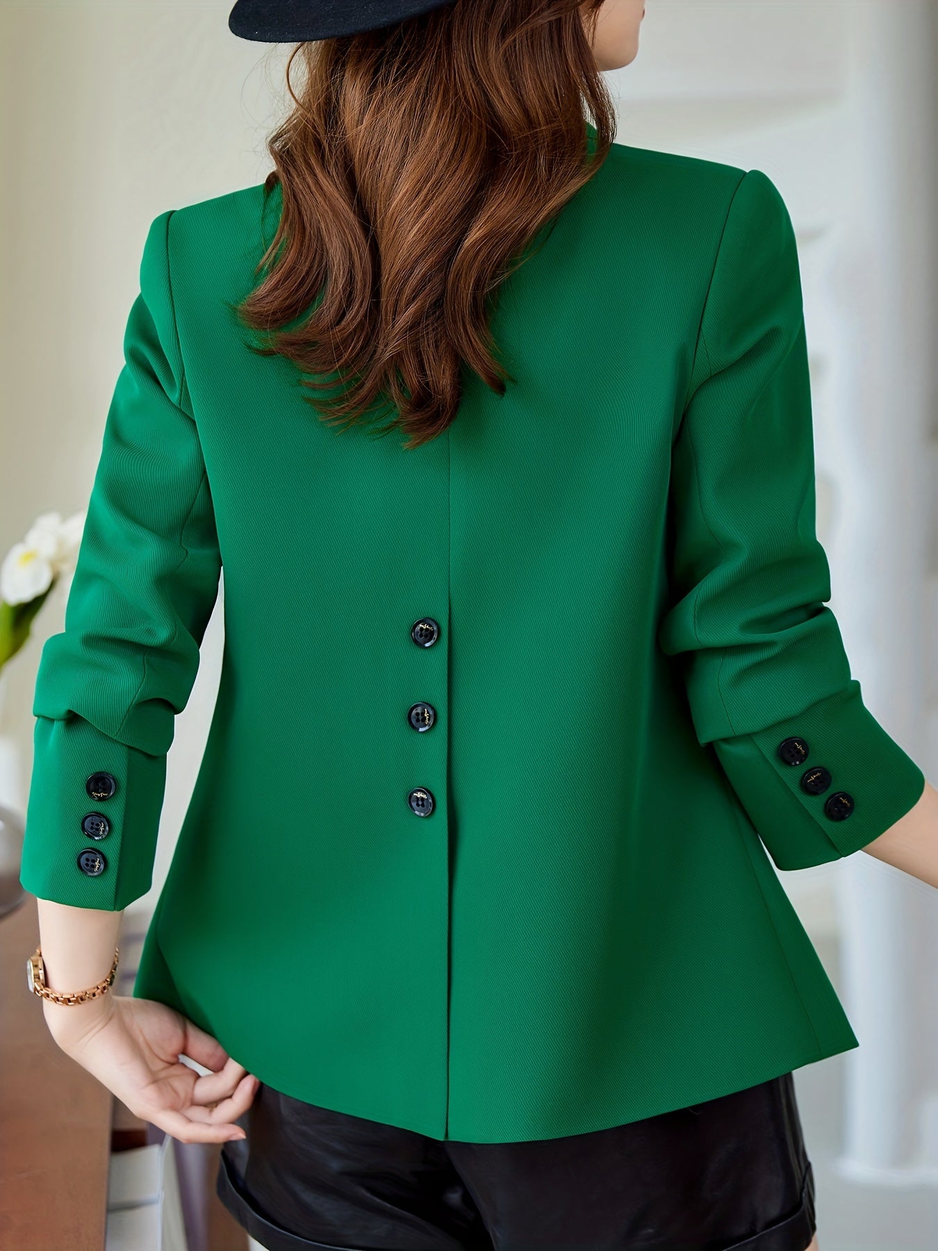 Solid Button Front Blazer, Casual Long Sleeve Lapel Blazer For Office, Women's Clothing