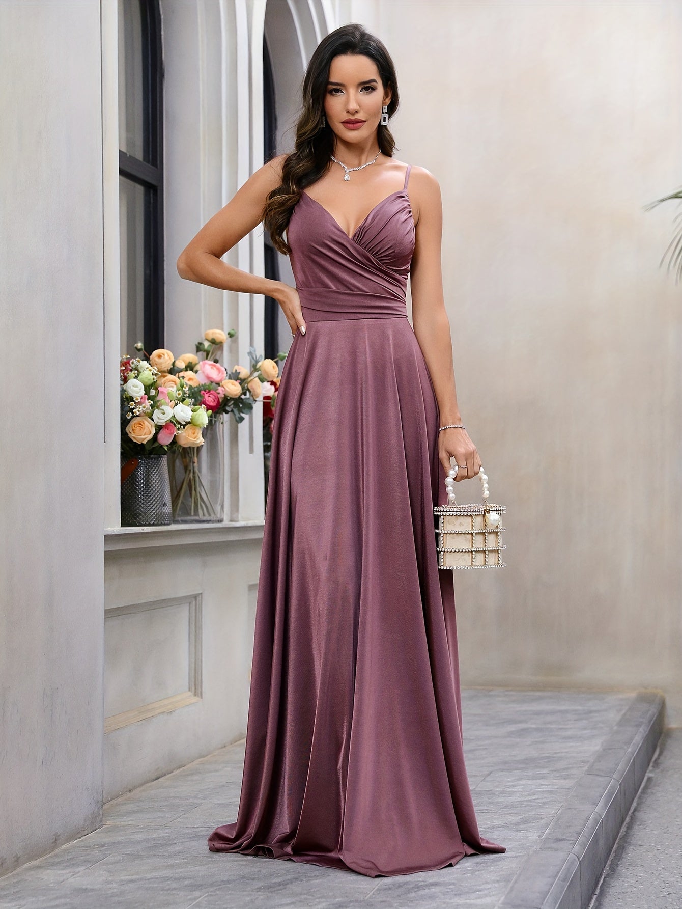 Solid Spaghetti Strap Dress, Elegant Surplice Neck Evening Dress For Party & Banquet, Women's Clothing