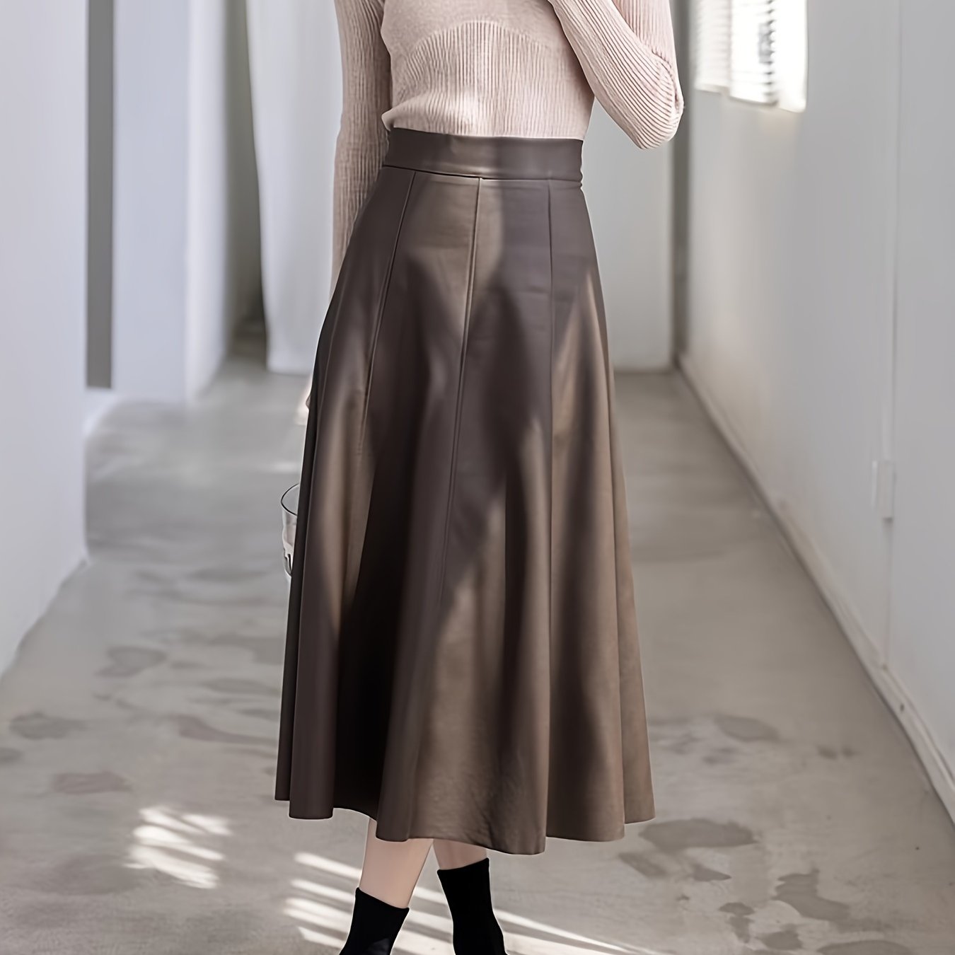 Faux Leather Solid Flared Skirt, Elegant High Waist Ruffle Hem Midi Skirt, Women's Clothing