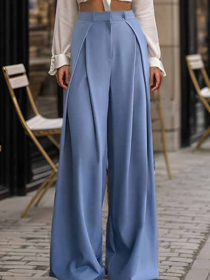 Solid Pleated Wide Leg Pants, Elegant Long Length Draped Pants, Women's Clothing