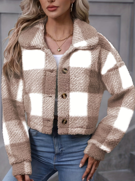 dunnmall  Plaid Teddy Coat, Casual Button Front Long Sleeve Winter Warm Outerwear, Women's Clothing