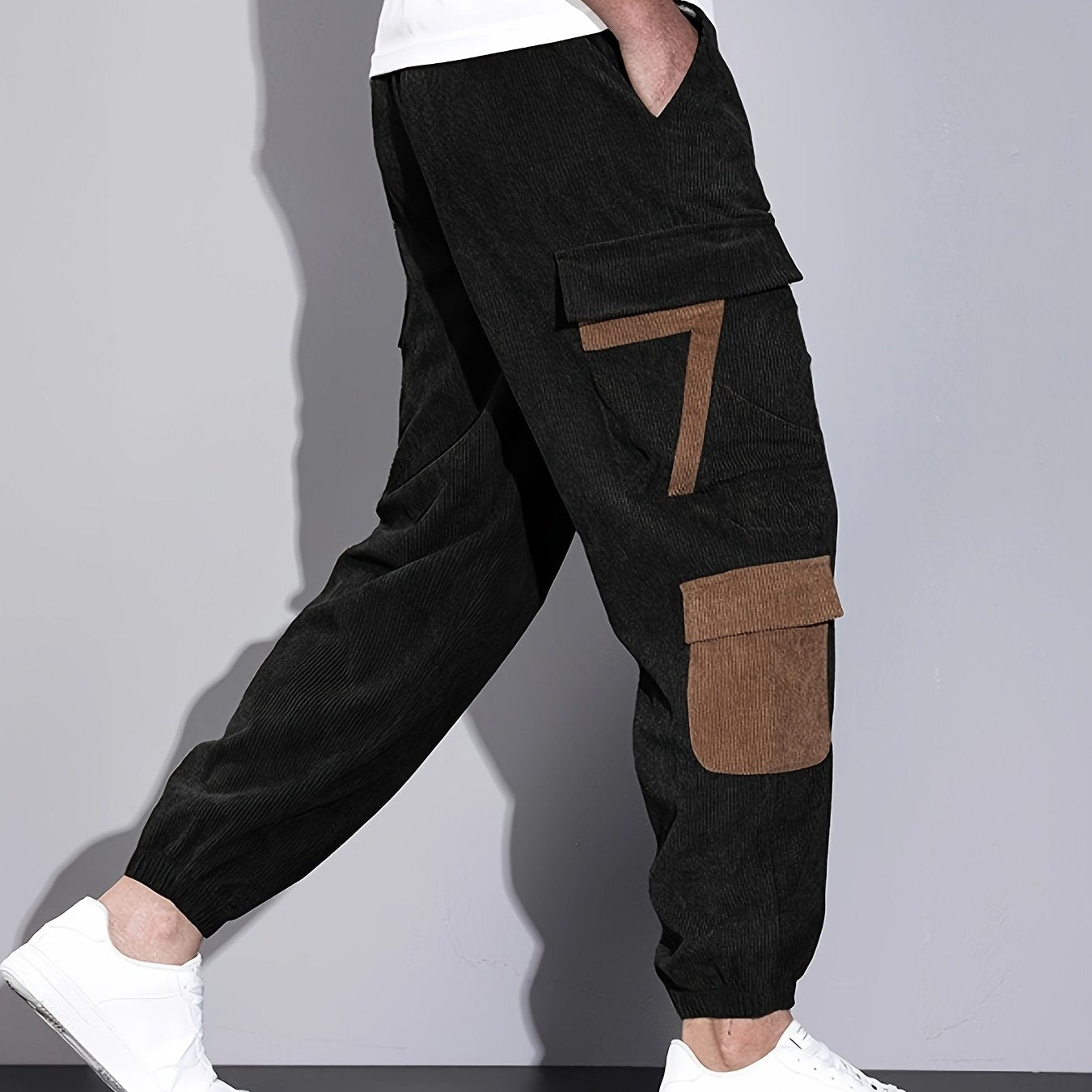 Trendy Corduroy Cargo Drawstring Pants, Men's Multi Flap Pocket Trousers, Loose Casual Outdoor Pants, Men's Work Pants Outdoors Streetwear Hip Hop Style