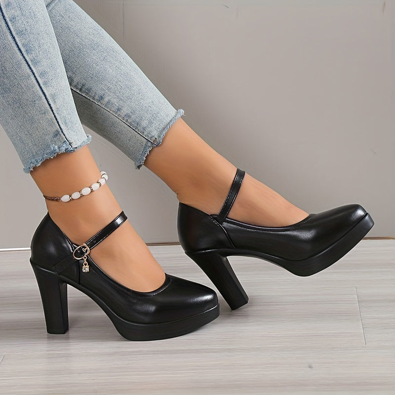 Women's Chunky High Heels, Faux Leather Pointed Toe Ankle Strap Mary Jane Heels, All-Match Dress Shoes