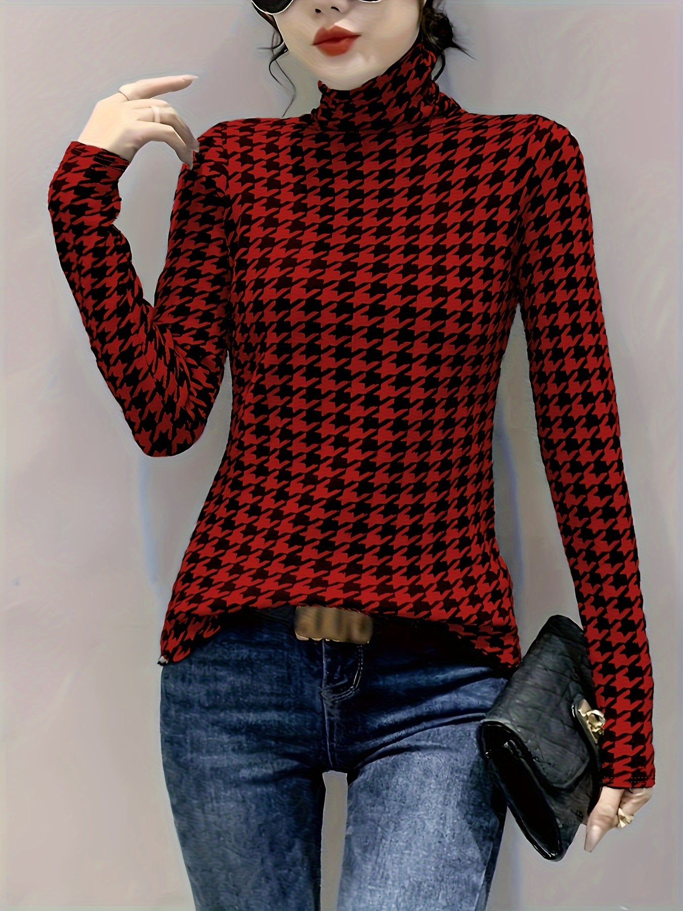 Houndstooth Print Turtleneck T-Shirt, Casual Long Sleeve Top For Spring & Fall, Women's Clothing