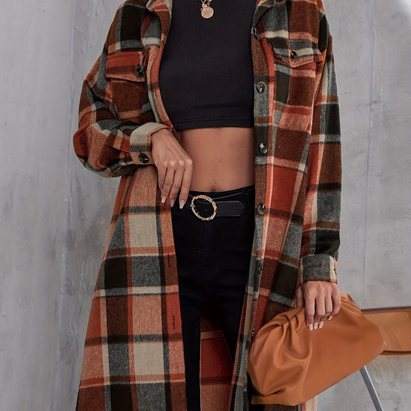 dunnmall Plaid Print Long Length Coat, Casual Button Front Long Sleeve Outerwear, Women's Clothing