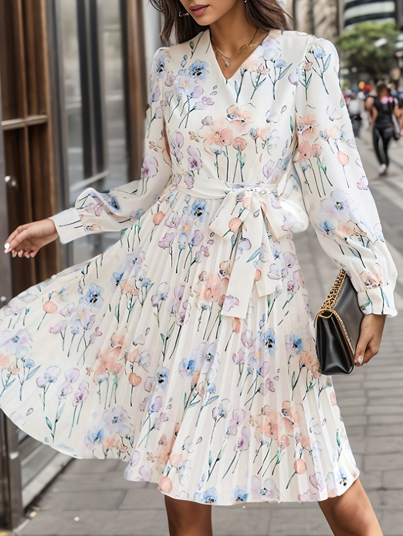 Floral Print Pleated Dress, Elegant V Neck Long Sleeve Dress, Women's Clothing