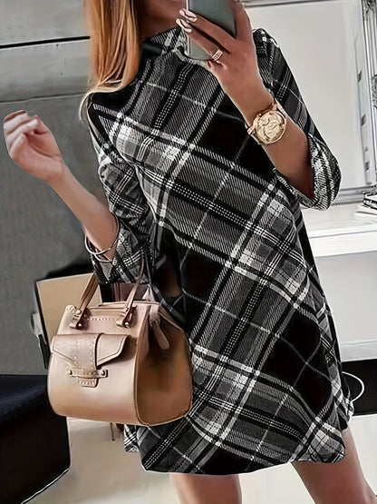 Plaid Print Mock Neck Dress, Elegant Long Sleeve Above Knee Dress, Women's Clothing