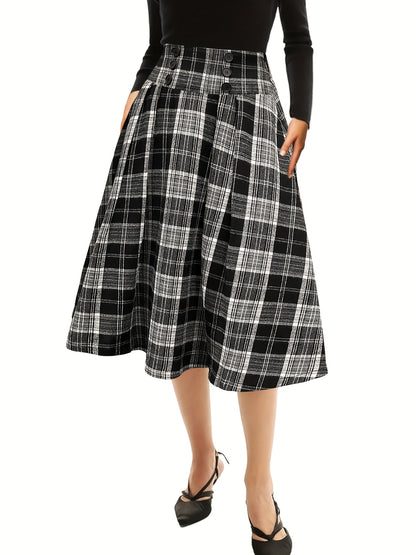 Plaid Print High Waist Button Skirt, Elegant A Line Flare Midi Skirt, Women's Clothing