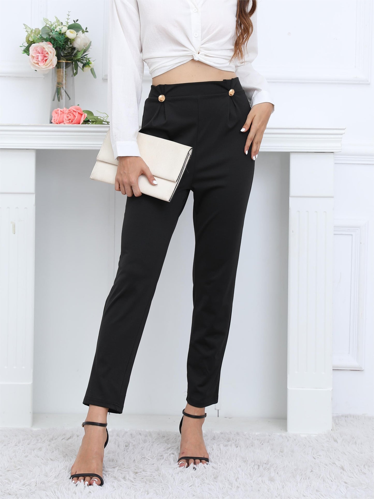 Solid High Waist Straight Leg Trouser, Casual Every Day Pants For Spring & Fall, Women's Clothing