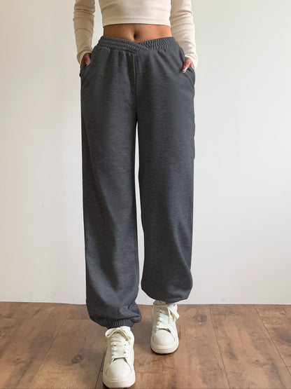 dunnmall  Solid Loose Basic Jogger Sweatpants, Versatile Comfy Pants For Fall & Winter, Women's Clothing