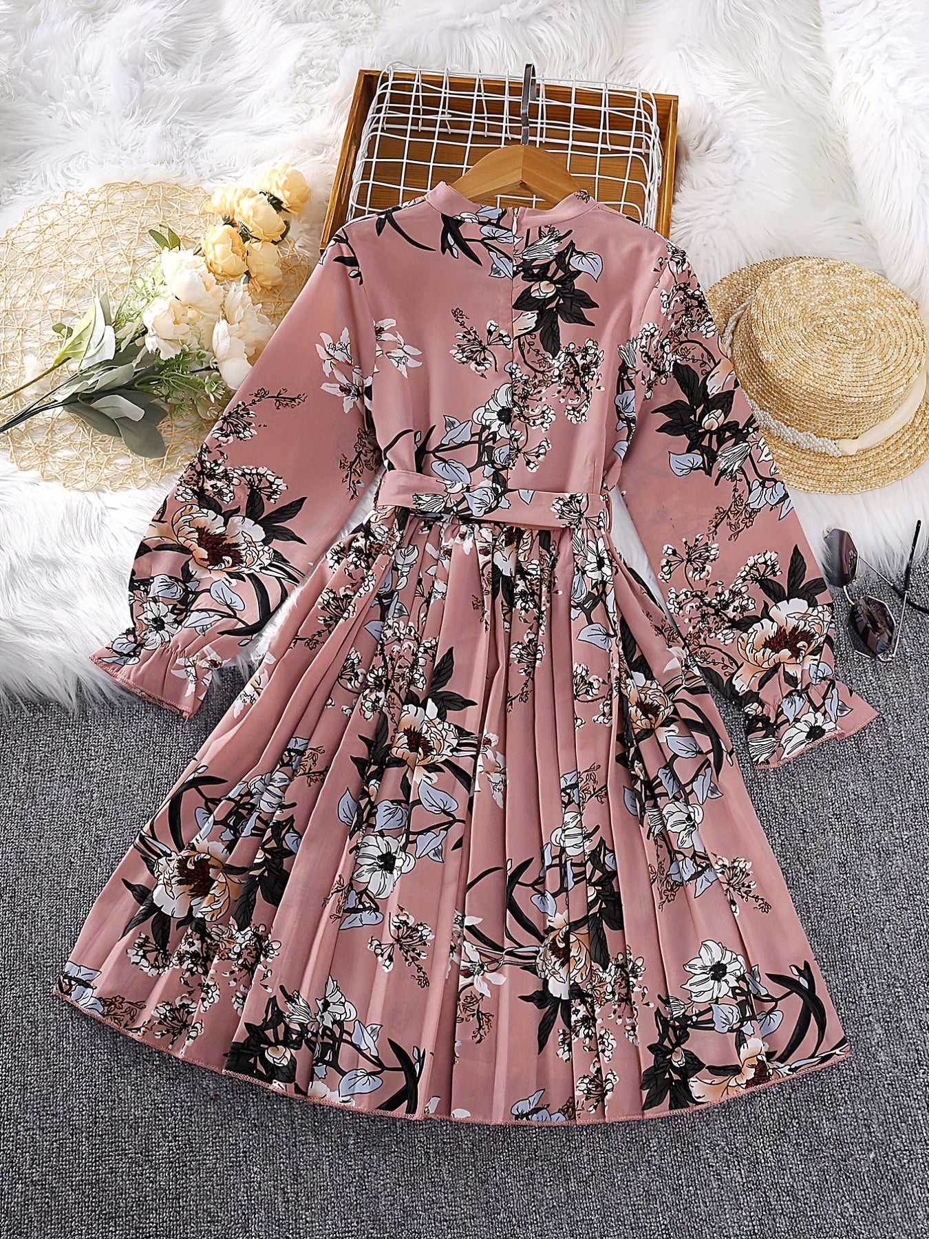 dunnmall  Girl's Floral Allover Flounce Long Sleeve Pleated Hem Mock Neck Belted Dress For Summer