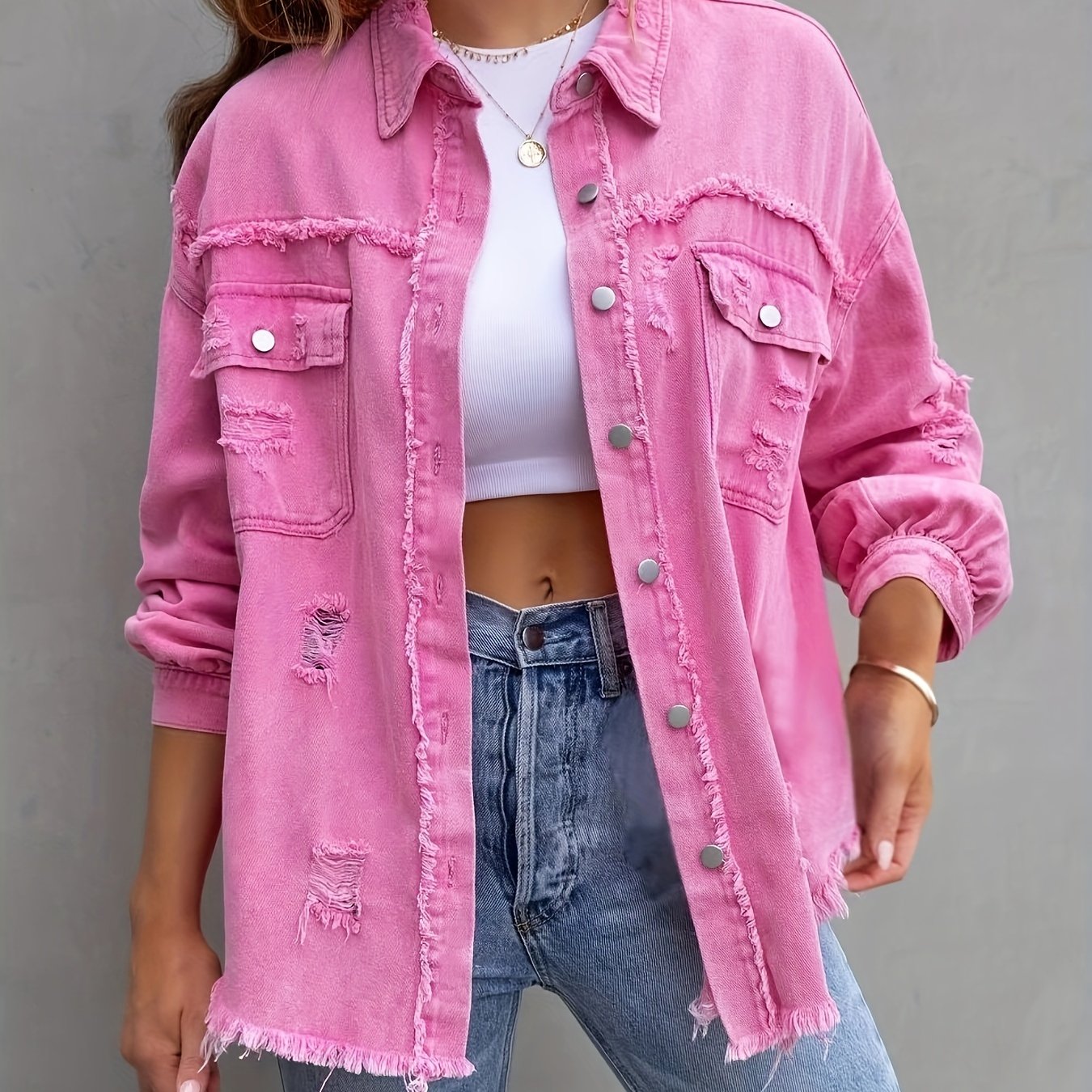 dunnmall Pink Ripped Raw Hem Denim Coat, Lapel Long Sleeve Flap Chest Pocket Distressed Street Style Denim Jacket, Women's Denim Jeans & Clothing