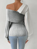dunnmall Color Block V-neck Top, Elegant Lantern Sleeve Slim Top For Spring & Fall, Women's Clothing