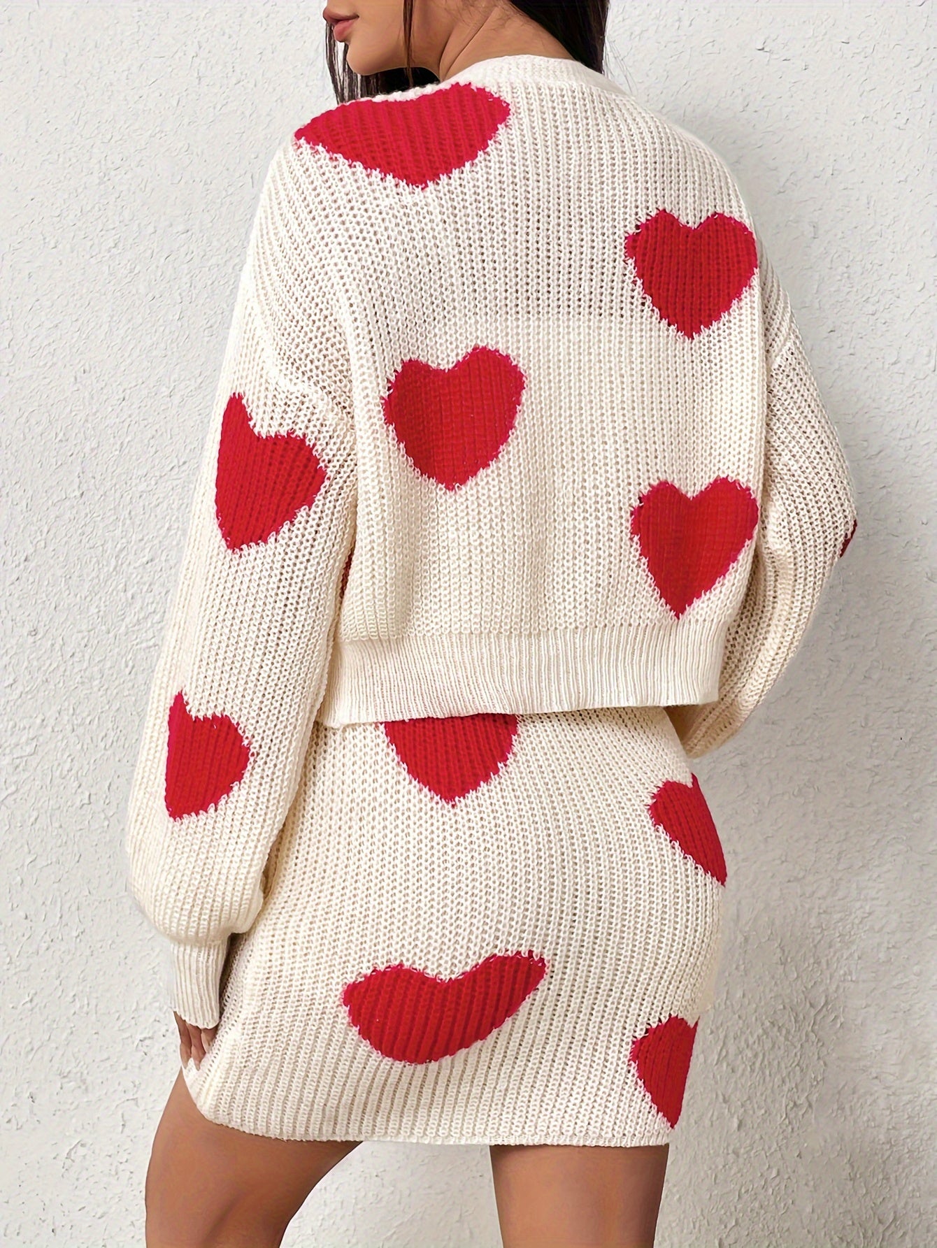 Heart Pattern Sweater Two-piece Set, Open Front Long Sleeve Cardigan & Knitted Bag Hip Skirts Outfits, Women's Clothing