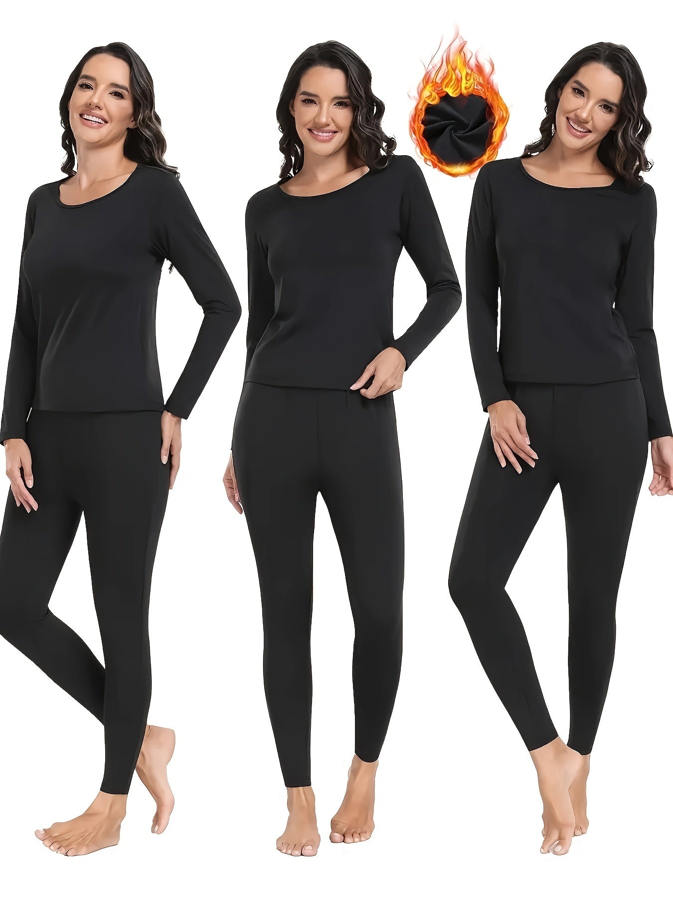 2-Piece Plus Size Thermal Underwear Set - Cozy Long Sleeve Round Neck Top & Bottoms for Women - Soft, Warm, and Comfortable Everyday Essentials for Cold Weather