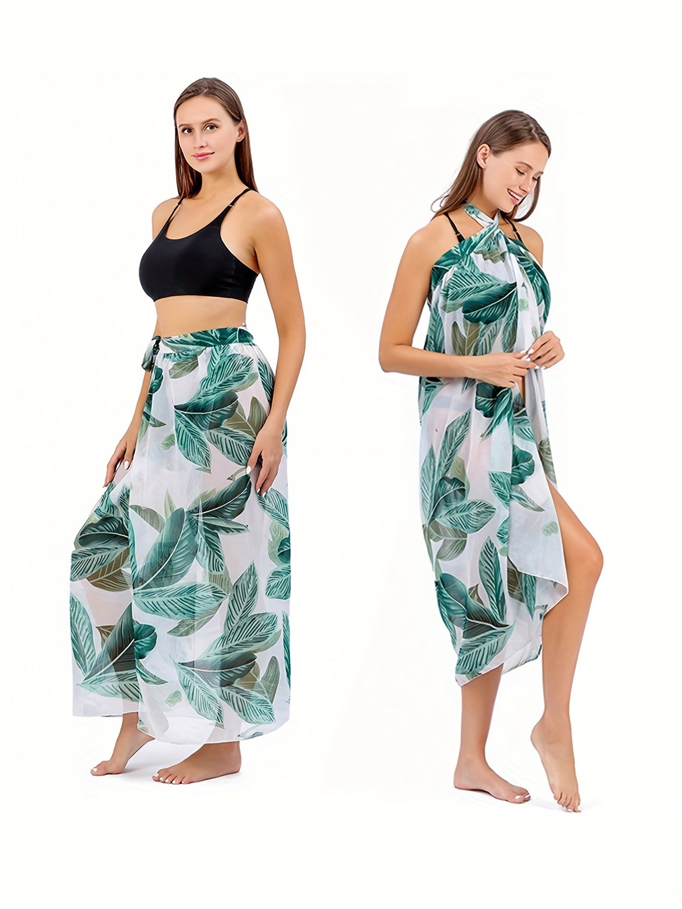 dunnmall  Random Print Cover Up Wrap, Semi-Sheer Non-Stretch Tie Side Beachwear Skirt, Women's Swimwear & Clothing