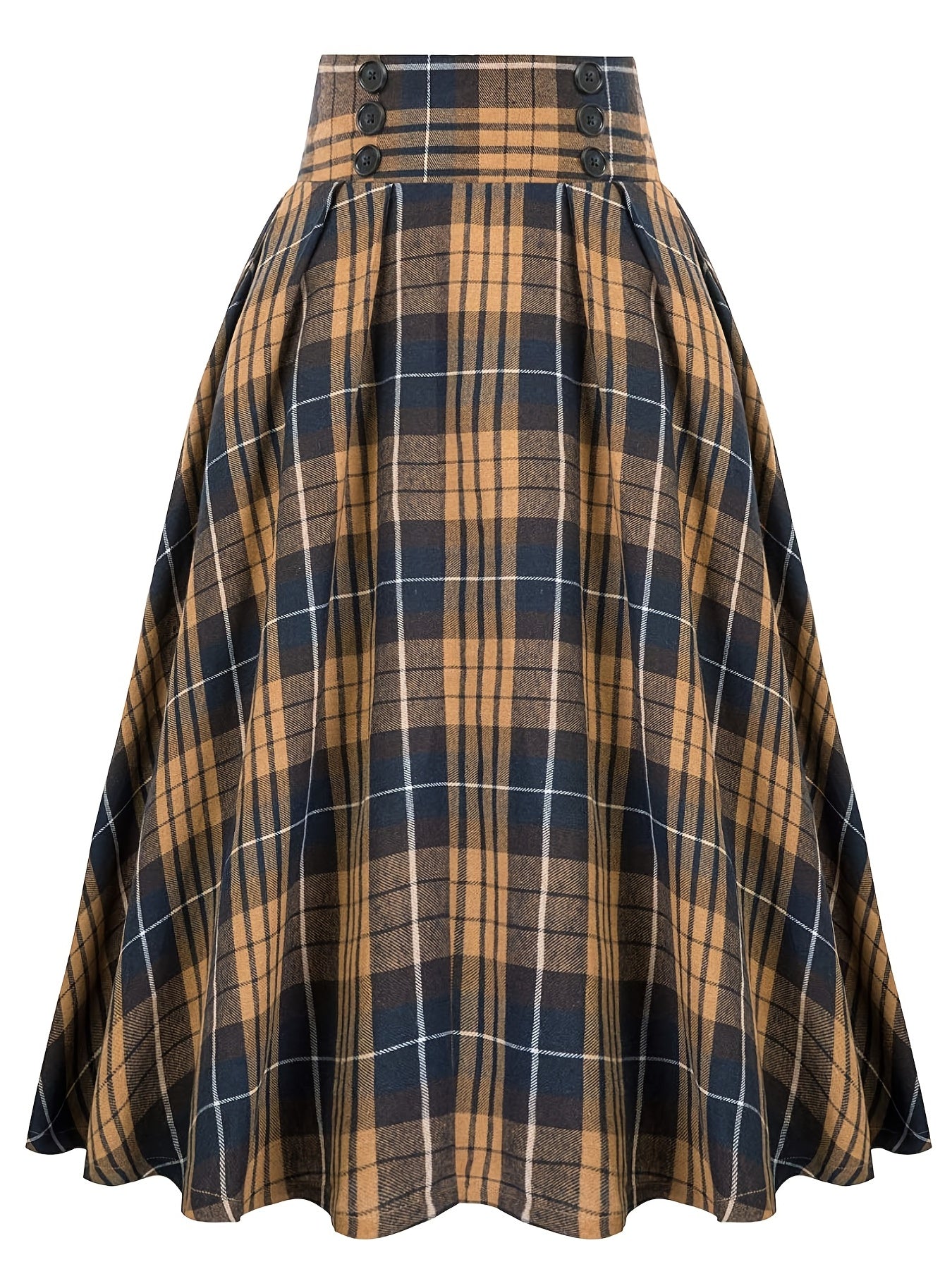 High Waist Button Plaid Ruffled Hem Skirt, Vintage Loose Stylish Midi Skirt, Women's Clothing