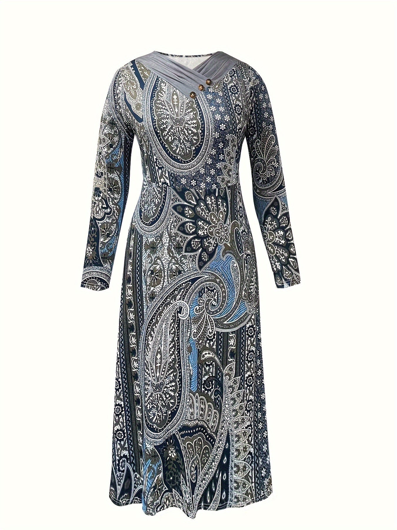 dunnmall  Plus Size Paisley Print Dress, Casual Ruched V Neck Long Sleeve Dress, Women's Plus Size Clothing