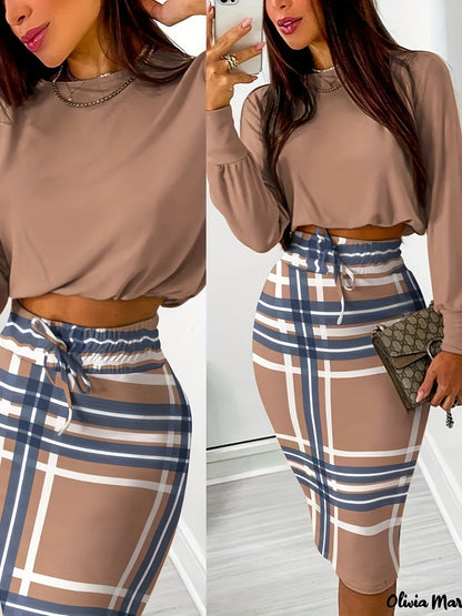 dunnmall  Casual Stylish Two-piece Set, Solid Long Sleeve Tops & Plaid Print Drawstring Midi Skirts Outfits, Women's Clothing