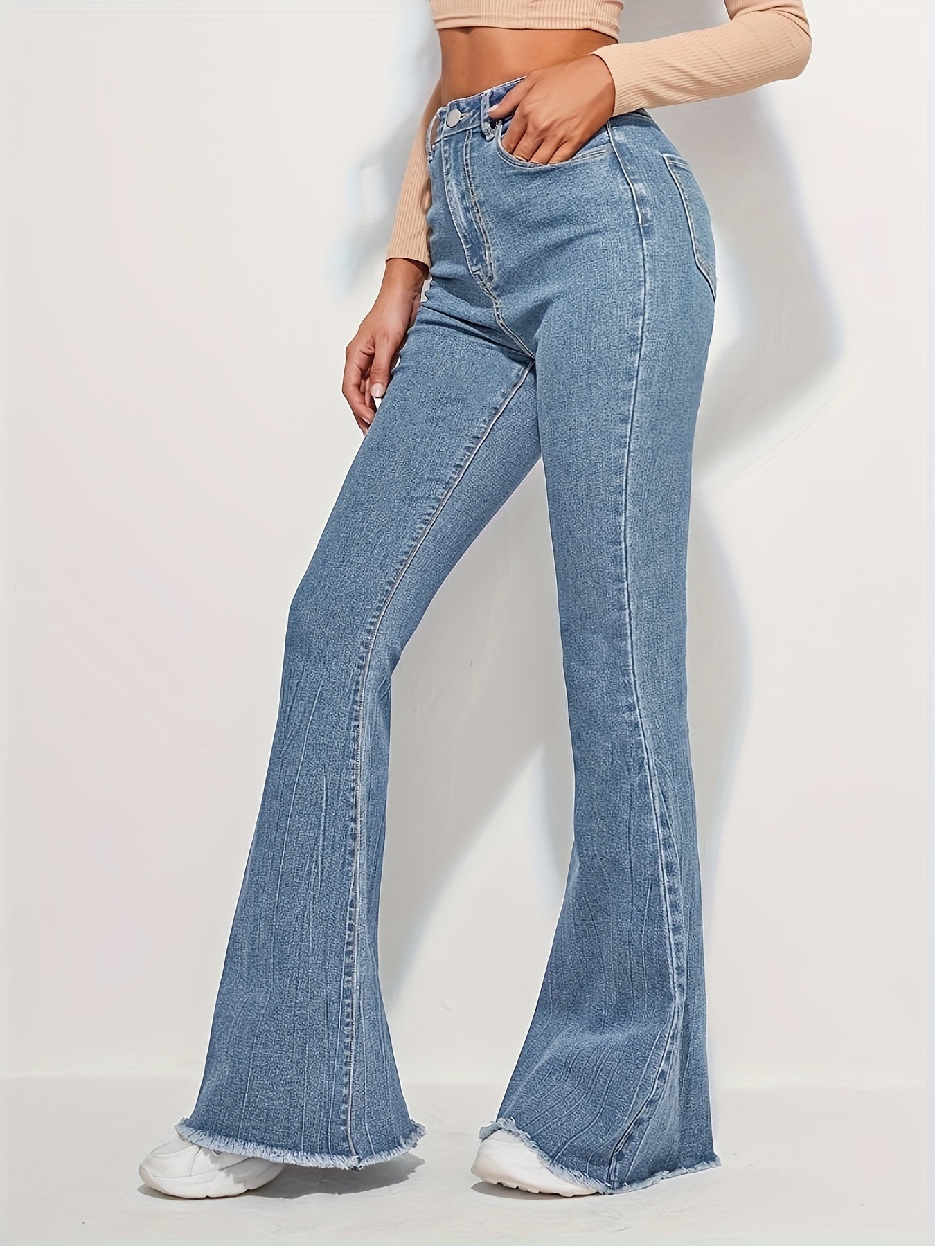 dunnmall Raw Trim Fashion Bell Bottom Jeans, High Waist Elastic Washed Elegant Denim Pants, Women's Denim Jeans & Clothing