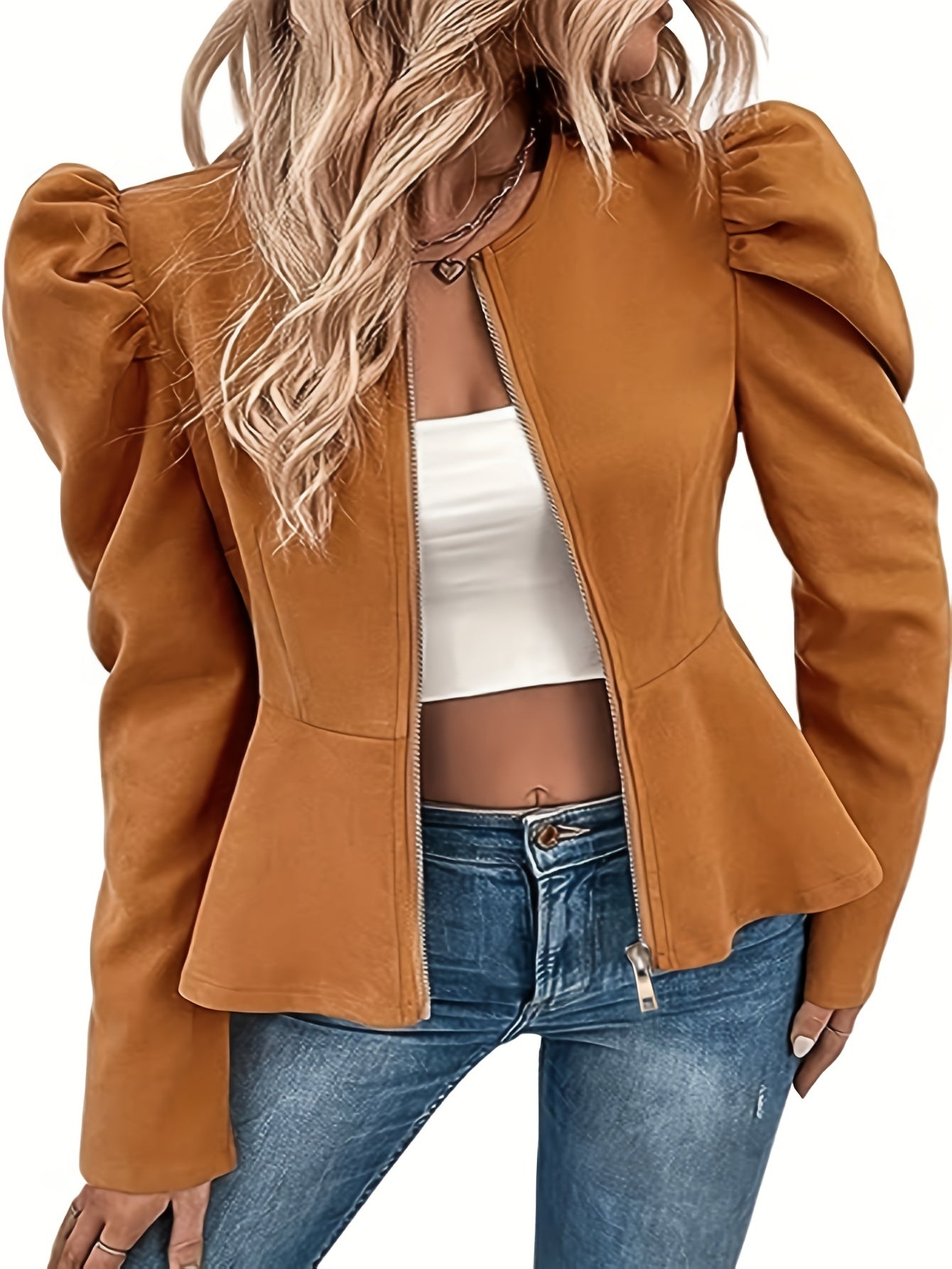 Zip Up Ruffle Hem Jacket, Casual Solid Puff Long Sleeve Outerwear, Women's Clothing