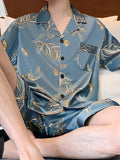 Men's Ice Silk Cool Pajamas Set For Summer, Thin Short Sleeve Leaves Flower Animal Print Graphic Button Pocket Shirt Top & Shorts Pants Bottom, Casual Fashion Cardigan Men's Loungewear Sleepwear Homewear Set