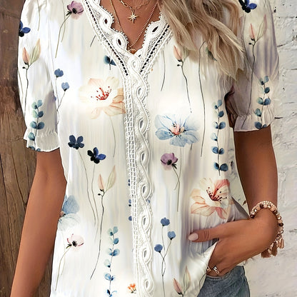 dunnmall  Floral Print Contrast Lace Blouse, Casual V Neck Short Sleeve Summer Blouse, Women's Clothing