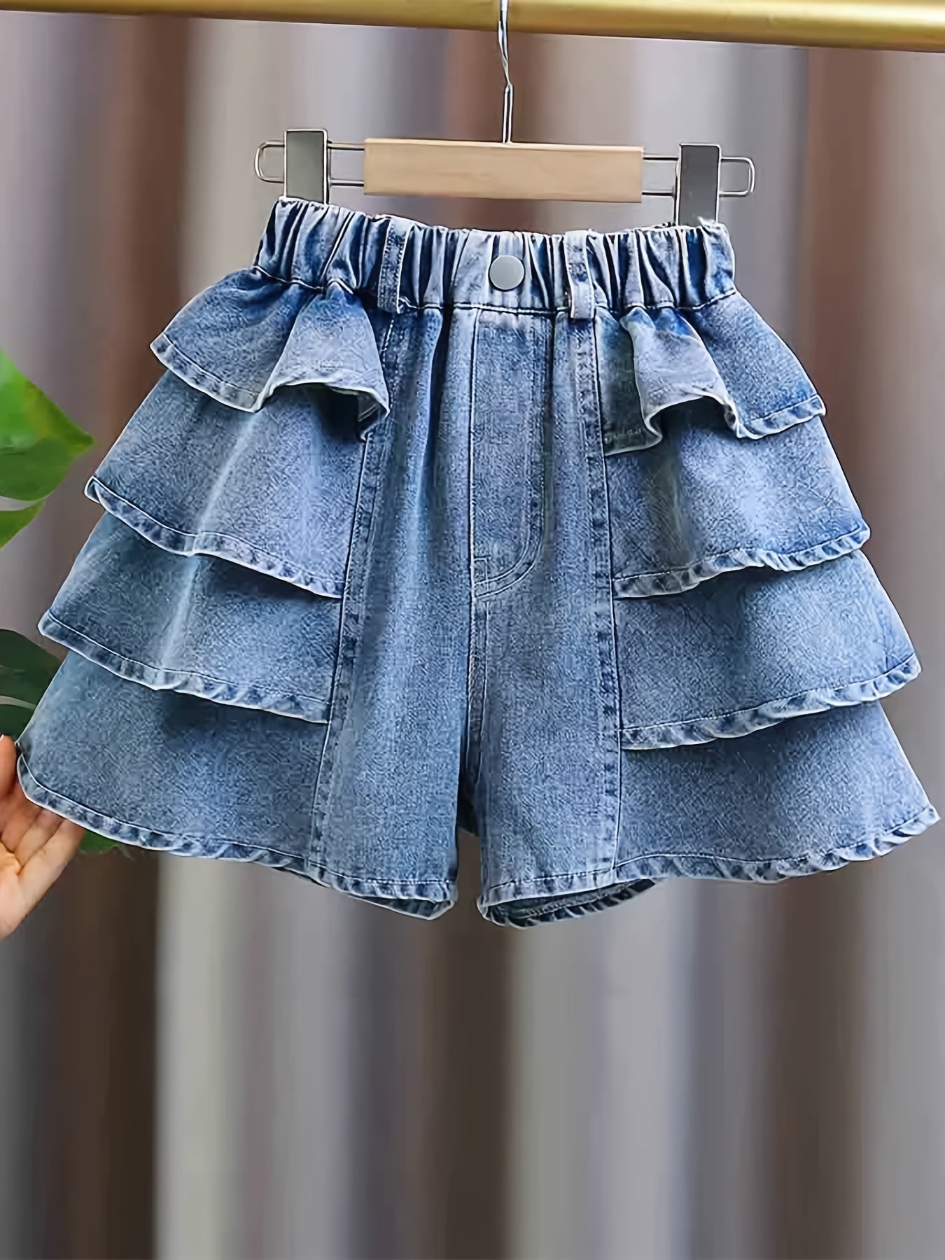 dunnmall  100% Cotton Girls Comfy Ruffle Trim Denim Skort Shorts For Summer Party