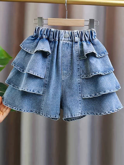 dunnmall  100% Cotton Girls Comfy Ruffle Trim Denim Skort Shorts For Summer Party