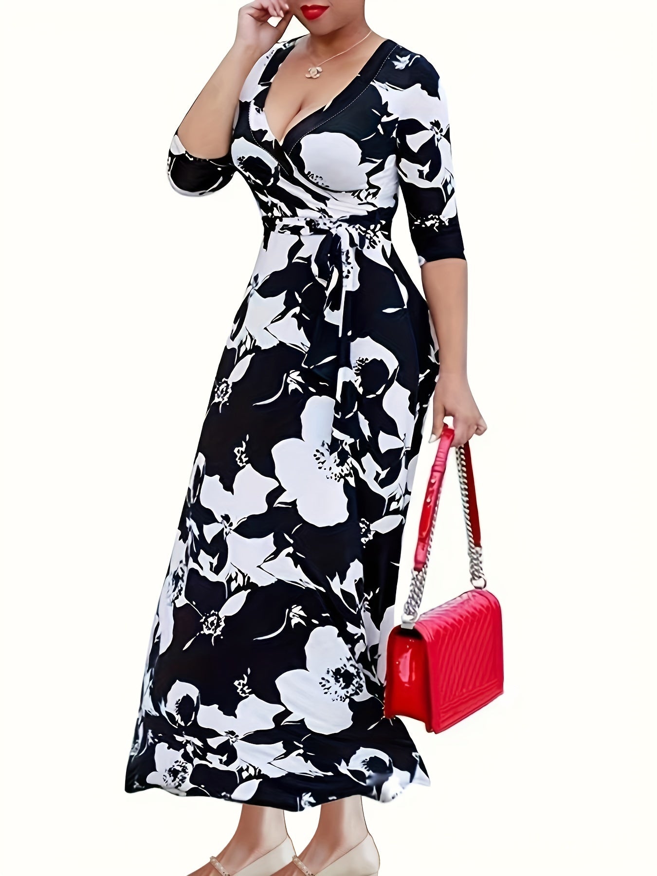 dunnmall  Floral Print Surplice Neck Dress, Casual High Waist Pleated Maxi Dress, Women's Clothing